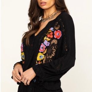 NWT…. Free People Sarafina Embroidered Floral Top -  Black Combo (Size Small)